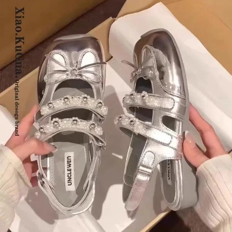Fashion Summer New Women's Pearl Knot Sandals Flat Bottom Mary Janes Retro Style Rubber Sole Comfortable Slip-On Shoes for Dress