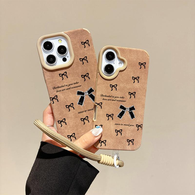 Black Bowknot Patterned Printed Leather Case + Lanyard Wrist Strap Protective Shell Soft Silicone Case for iPhone