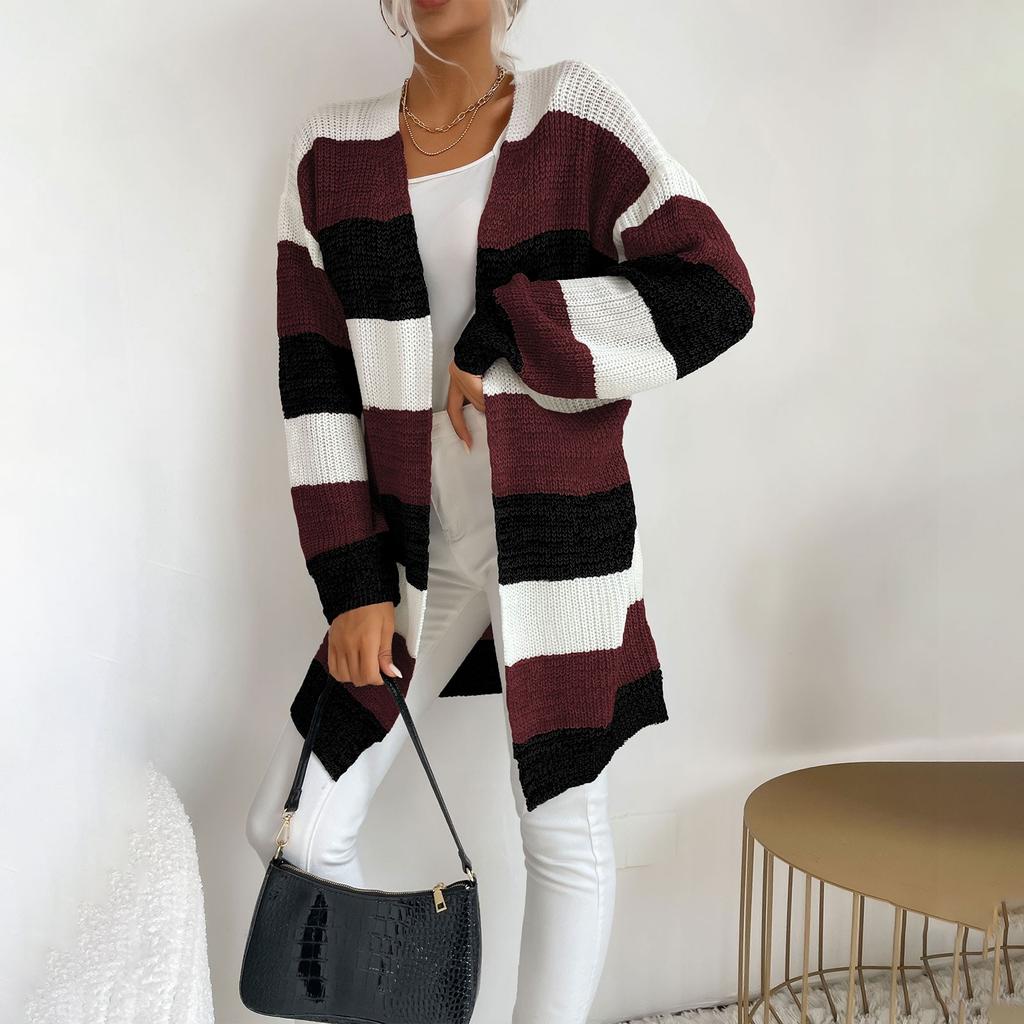Women's Fashion Loose Early Autumn New Mid-length Knitted Cardigan Japanese Striped Color Matching Sweater Jacket