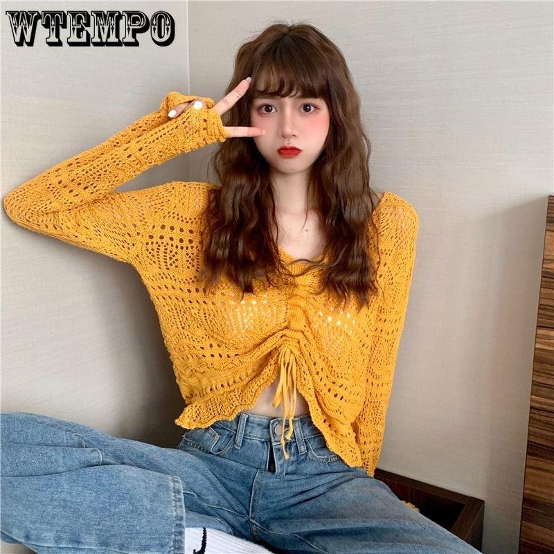 Girl's Hollow Out Solid V-Neck Knitwear Spring Long Sleeve Loose Thin Casual Knitted Tops Drawstring Sunscreen Pullovers