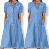 Women Dress Elegent Beauty Lady Dress Collar Splicing Summer Midi Long Lady Pocket Button Denim Loose Lapel Dress