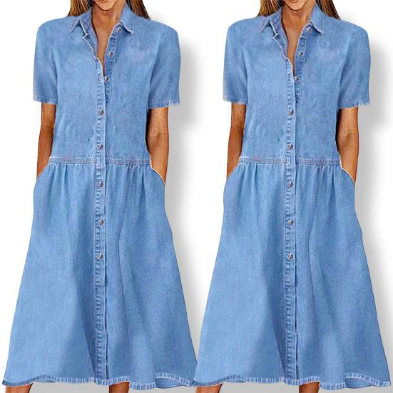 Women Dress Elegent Beauty Lady Dress Collar Splicing Summer Midi Long Lady Pocket Button Denim Loose Lapel Dress