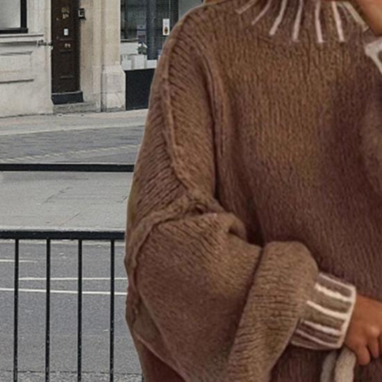 Women Oversized Pullover Sweater Turtleneck Long Sleeve Patchwork Color Winter Knitting Tops