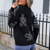 Women's Casual Fashion Comfortable Round Neck Pullover Contrast Color Flower Long Sleeve Street Trend Knitted Sweater