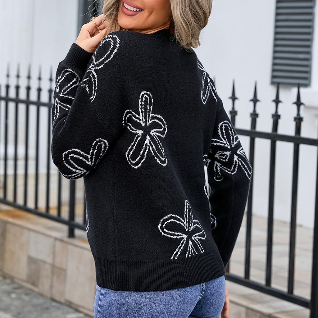 Women's Casual Fashion Comfortable Round Neck Pullover Contrast Color Flower Long Sleeve Street Trend Knitted Sweater