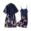 2 Pcs/Set Women Ice Silk Pajama Set Satin Printed V Neck Spaghetti Strap Loose Nightdress Half Sleeve Lace-up Waist Nightgown Lady Sleepwear