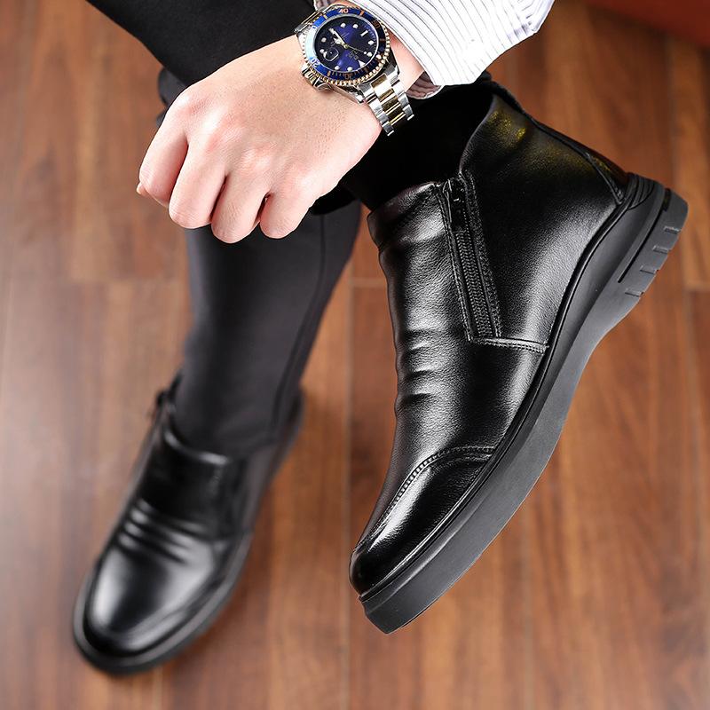 Winter New Cotton Shoes Men's Leather High-top Warm Velvet Cotton Leather Shoes Thickened Wool Non-slip Middle-aged and Elderly Father Shoes
