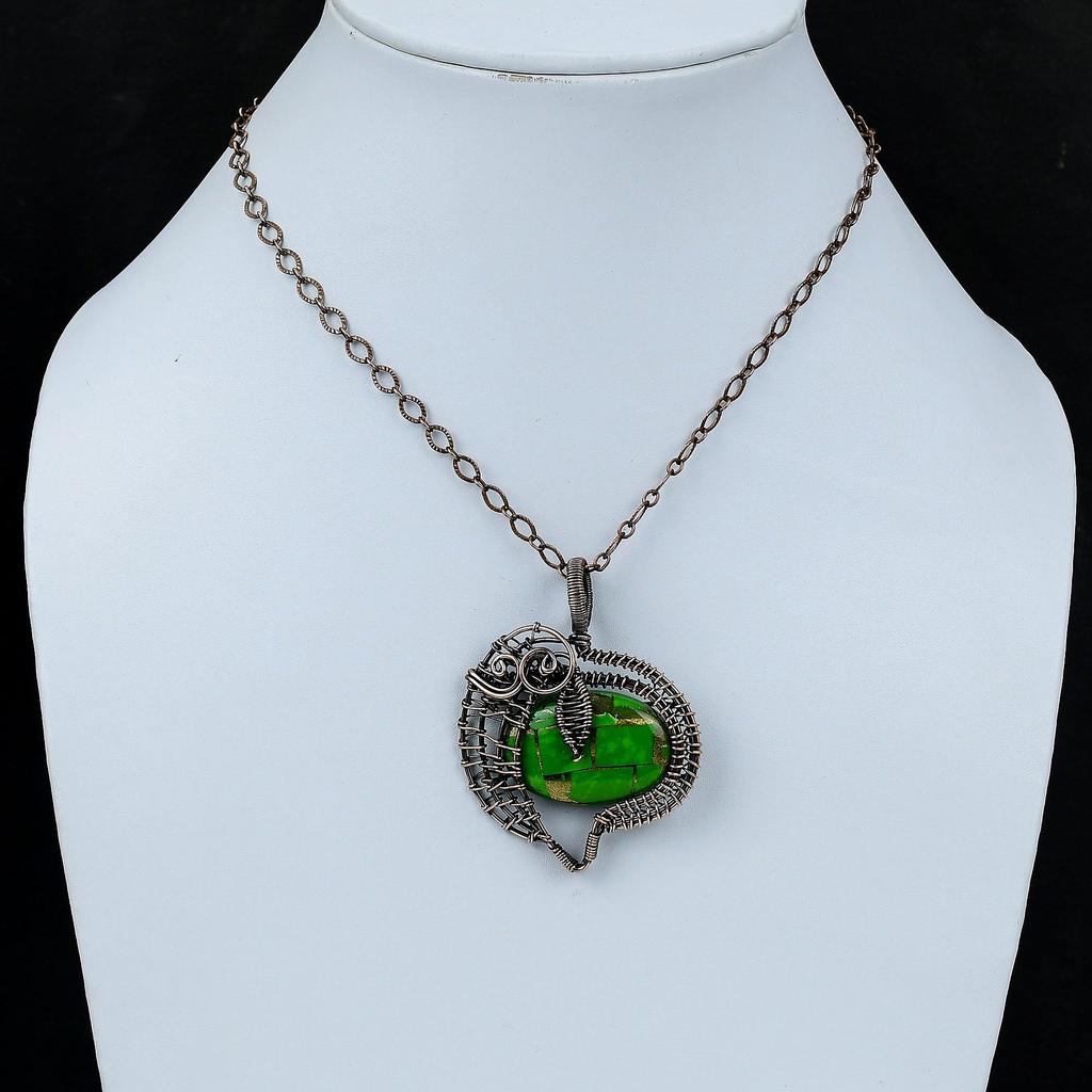 Copper Green Turquoise Pendant Copper Wire Wrapped Pendant Handmade Gemstone Pendant Wire Wrap Jewelry Boho Pendant Copper Jewelry For Gift