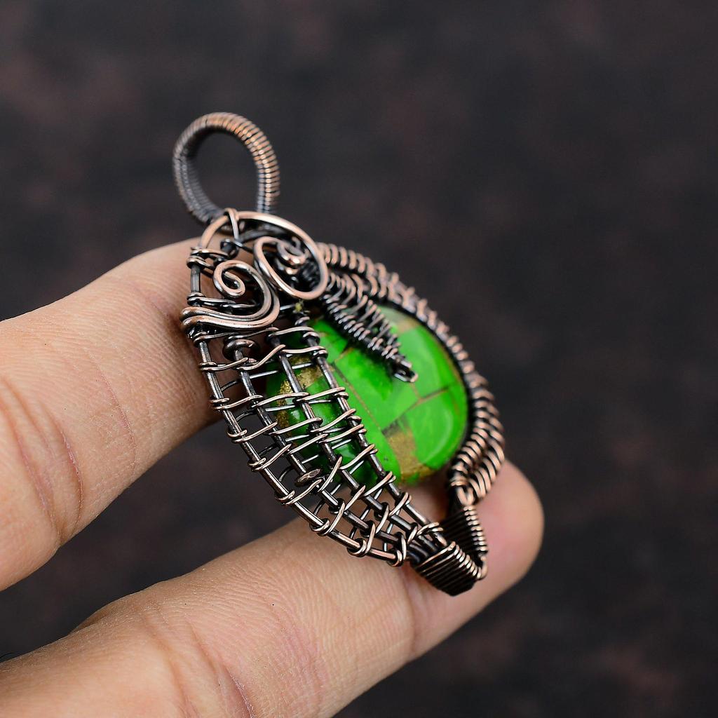 Copper Green Turquoise Pendant Copper Wire Wrapped Pendant Handmade Gemstone Pendant Wire Wrap Jewelry Boho Pendant Copper Jewelry For Gift