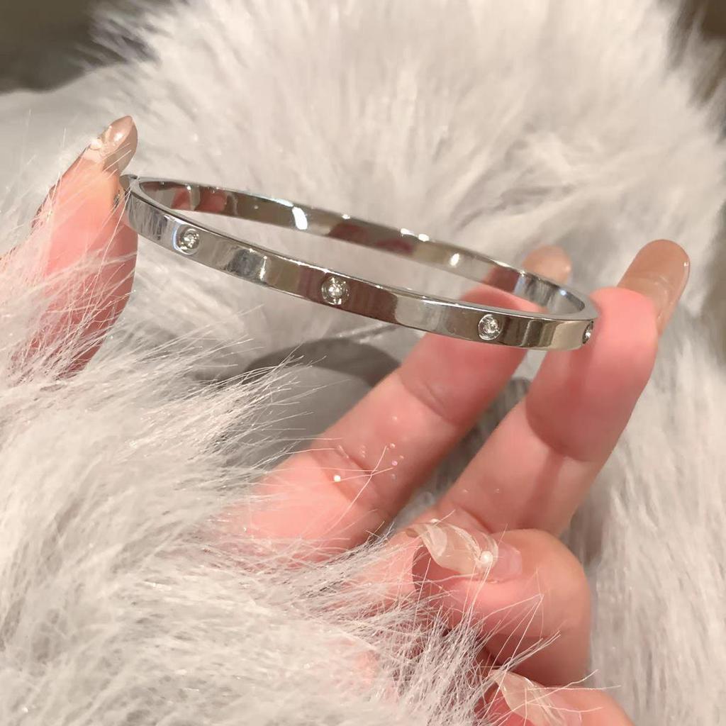 High-End Women's Silver Titanium Steel Zircon Bangle Bracelet