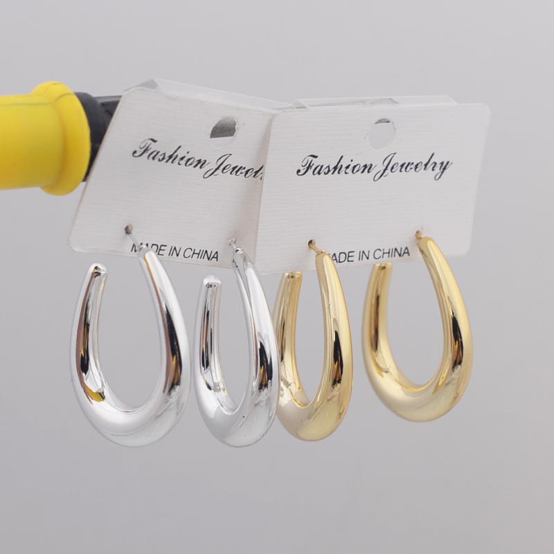 Gold Color U-shaped Smooth Metal Drop Earrings for Female Hollow Geometry Water Drop Oval Design Women's Dangle Earrings