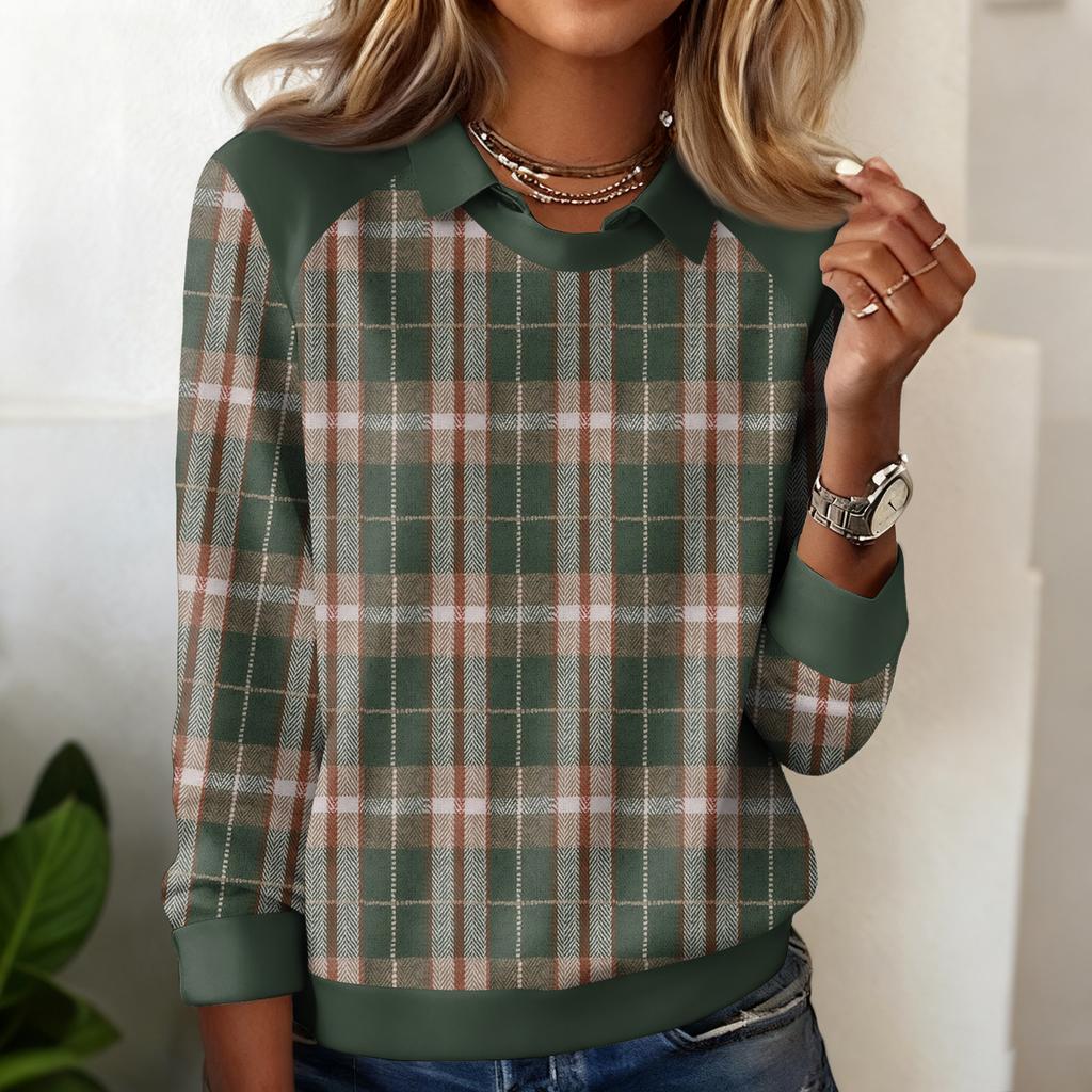 Ladies' Plaid Printed Casual Long Sleeved Sweatshirt Top