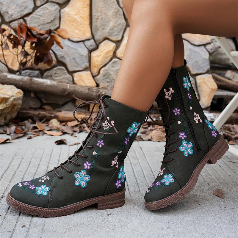 Woman Ankle Boots New Embroidery Big Size Flower Boots Women Autumn Winter Lace Up Comfortable Shoes for Women Botas De Mujer