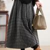 Women's Autumn Winter Thickened Retro Black Grey Plaid Wool Midi Skirt Elastic Waist Versatile A-Line Skirt