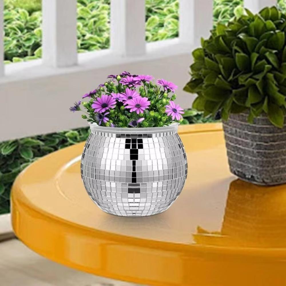 Silver Mirror Glass Flower Vase Home Decoration Disco Ball Plant Holder Plant Planting Pot Home