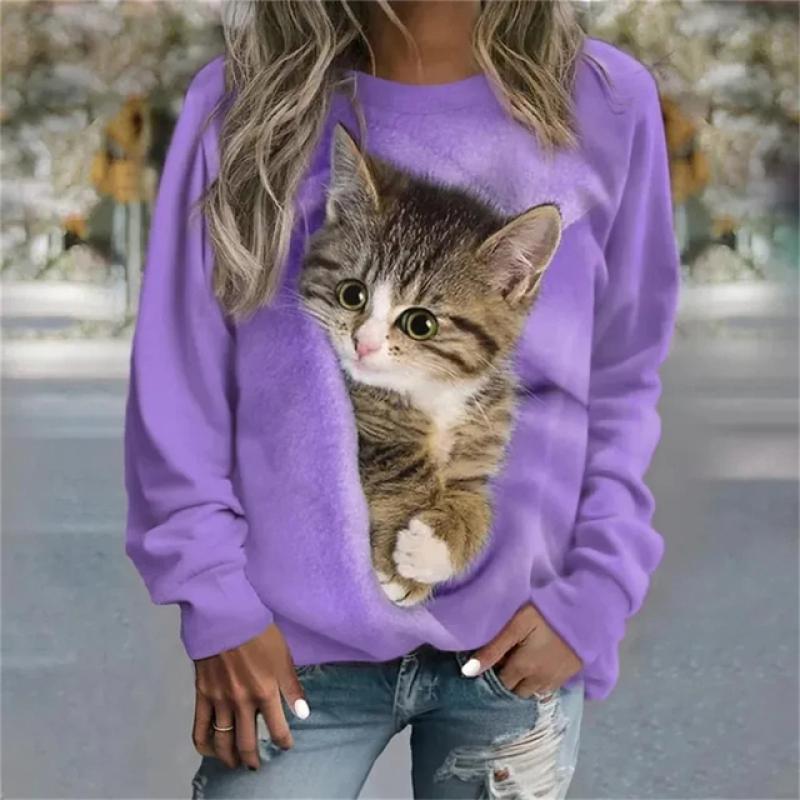 2023 Autumn New Women Round Neck Long Sleeve Fashion Casual Home High Quality Fabric Cute Cat Print Long Sleeve