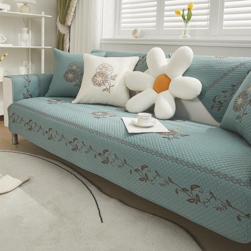 Four Seasons Fabric Washed Cotton Embroidery Sofa Cushion, Modern Simple Combination Non-Slip Sofa Cushion Towel Wholesale