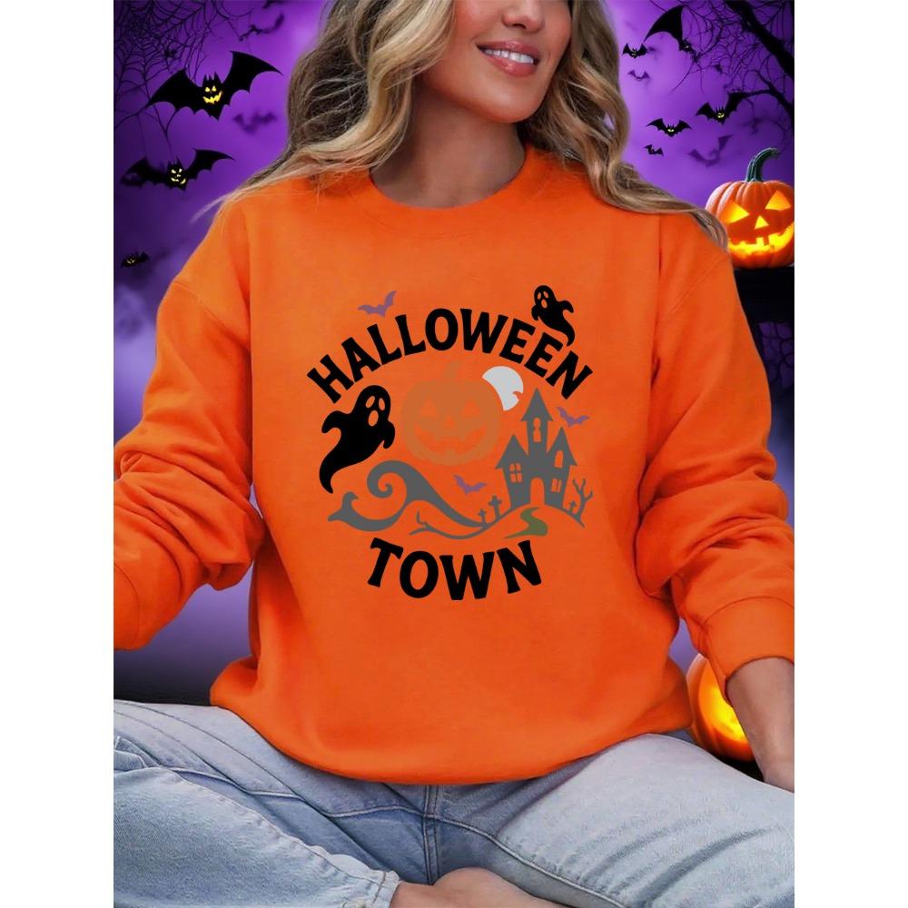 Halloween Town Pumpkin Lantern Prints Sweatshirts Women Loose Basics Hoodies Warm Crewneck Clothes Winter Casual Pullover