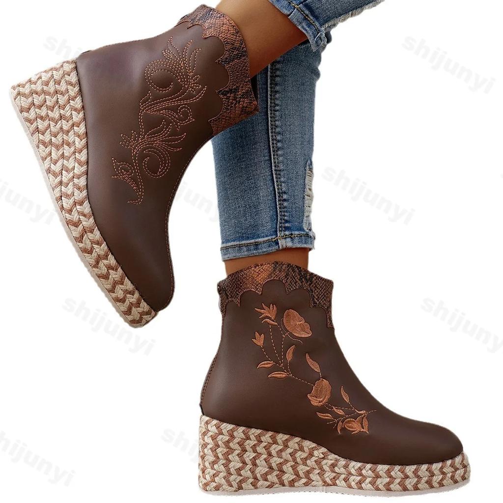 2024 New Autumn Brand New Fashion Embroidery Mid Calf Boots for Women Wedge Platform Retro Ethnic Style High Heels Knight Boots