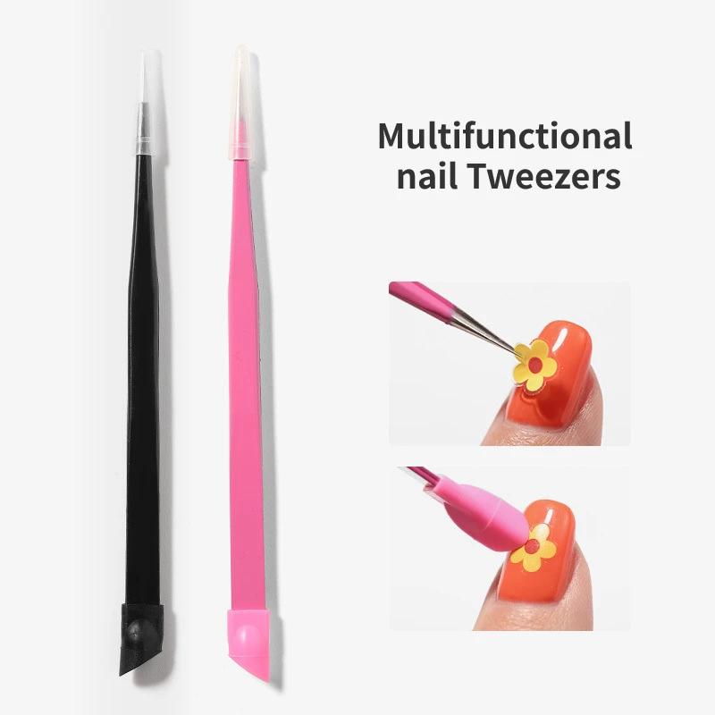 Double Sided Nail Tweezers Silicone Pressing Head Nail Tweezers Sticker Picker Nails Tools Manicure Nail Art Tools Accessories