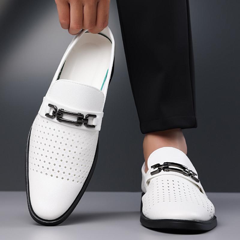 New Fashion Leather Men's Sandals Leather Shoes Summer Leather Holes Breathable Hollowed Out White Business Dress Casual Shoes