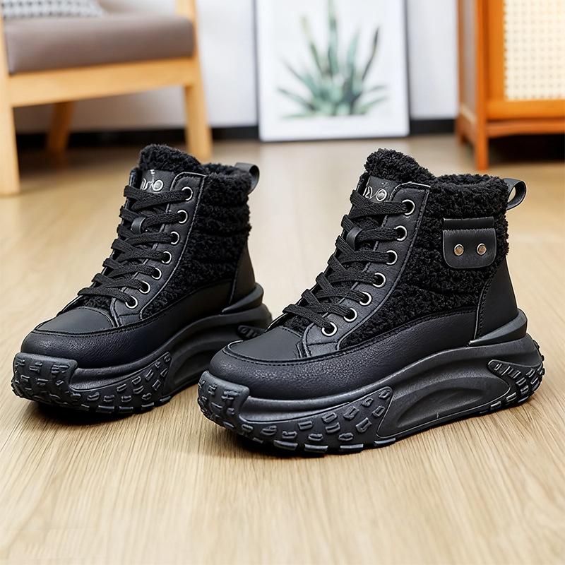 Women's Chunky Platform Snow Boots Winter Warm Faux Fur Lining Ankle Booties Lace-Up Comfortable Anti-Slip PU Leather Short Boots Shoes for Women