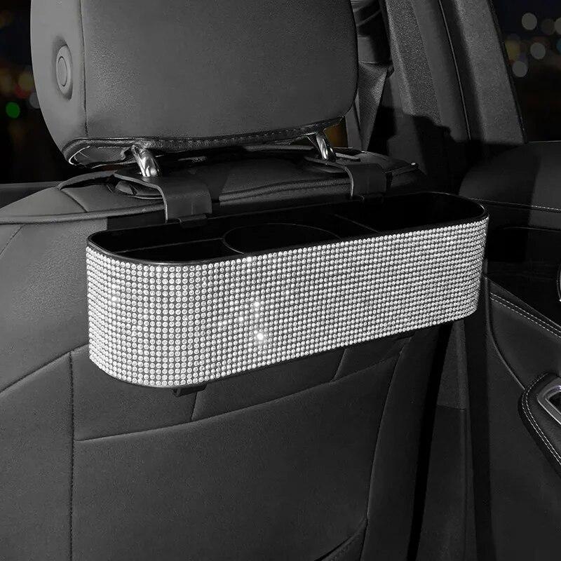 Fashion Diamond Car Seat Back Storage Box Organizer Water Cup Tissue Paper Holder Beverage Rack Bling Car Accessories for Woman