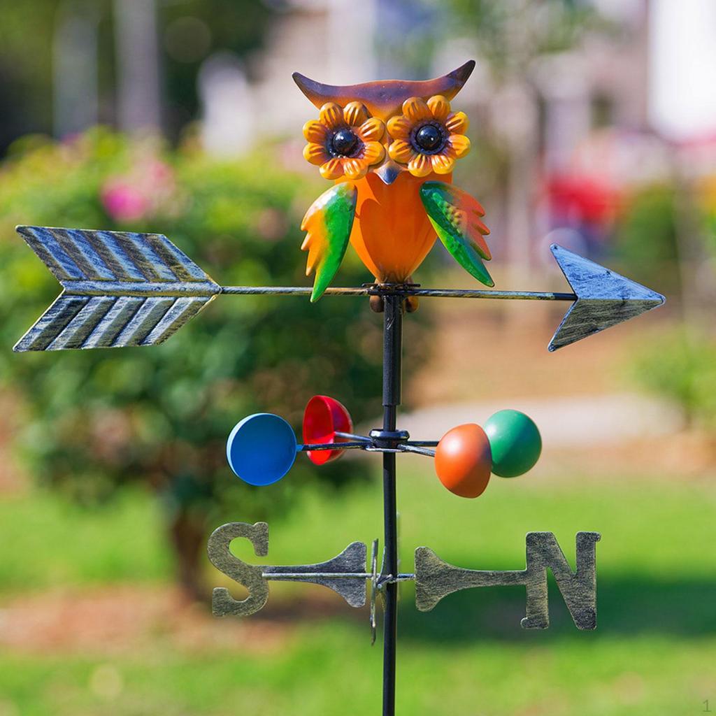 Owl Weathervane Wind Direction Indicator Iron with 3 Prongs Stake Decor Weather Vane for Outdoor