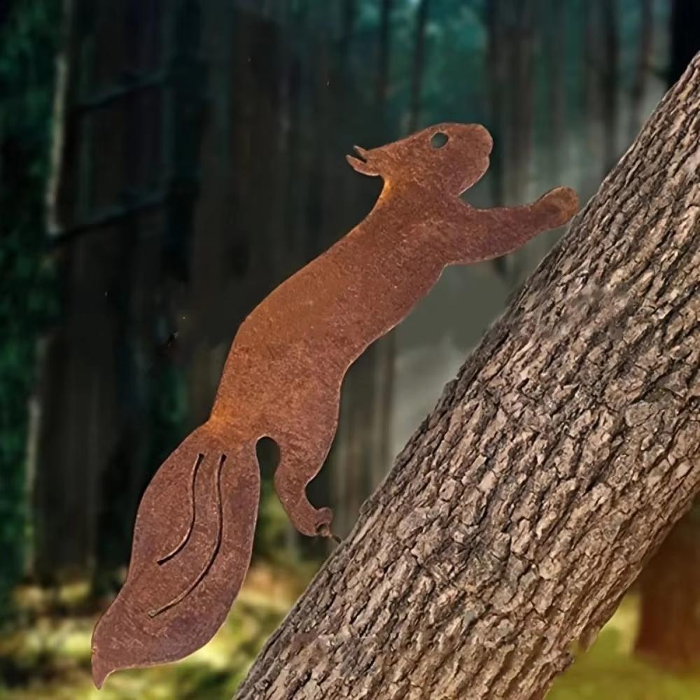 1pc Creative Tree Insert - Rusty Squirrel Silhouette Metal Decoration. Tree Stakes. Branch Insert for Home Garden Patio.