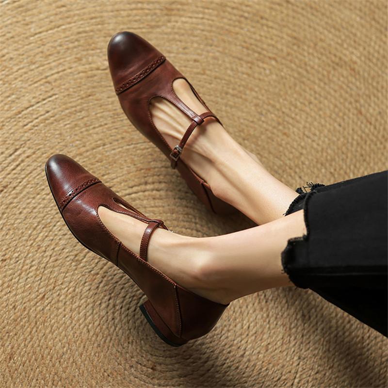 Fashion New Spring/summer Genuine Leather Woman Shoes Round Toe Women Pumps Shoes for Women Fashion Brogue Designs Mary Jane Shoes