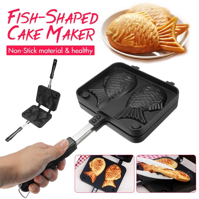 Japanese Non-Stick Taiyaki Fish-Shaped Bakeware Waffle Pan Maker 2 Molds Cake Baking Tools