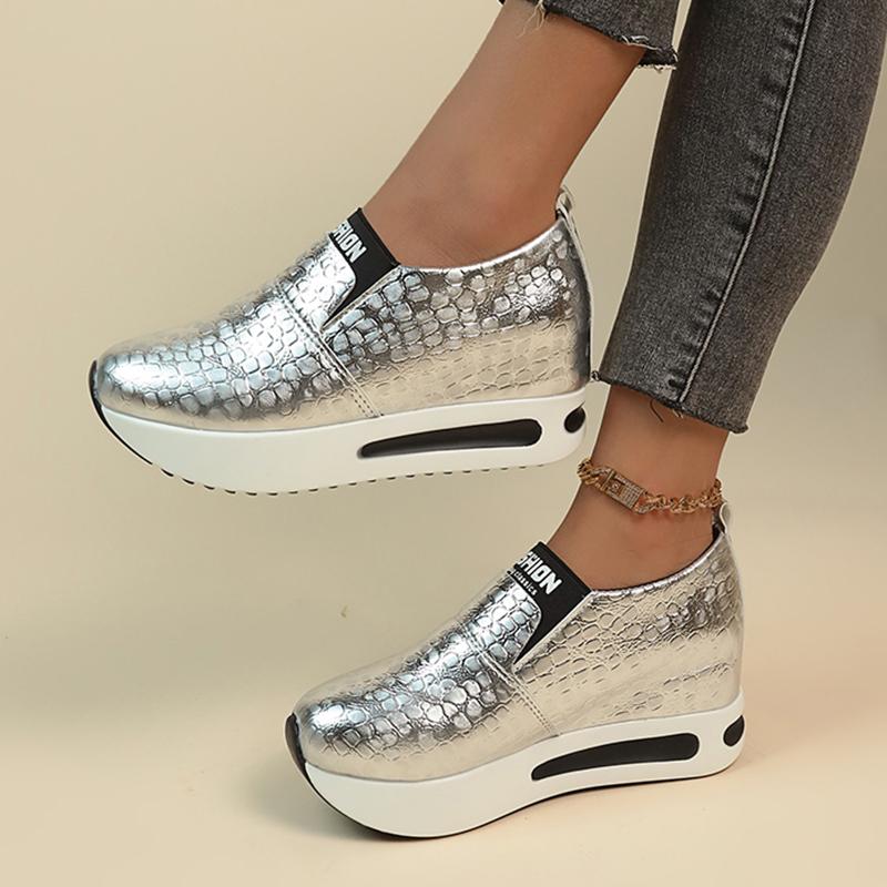 Silver Gold Snake Pattern Sneakers Women 2024 Spring Slip On Height Increase Sneaker Woman Plus Size Pu Leather Loafers Shoes 42