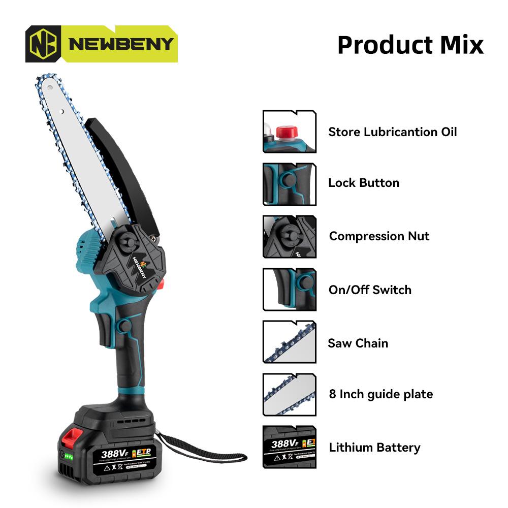 Newbeny 8-Inch Cordless Chainsaw with Brushless Motor 1500W Electric Pruning Saw for Wood Cutting Tree Trimming Gardening with Makita 18V Battery