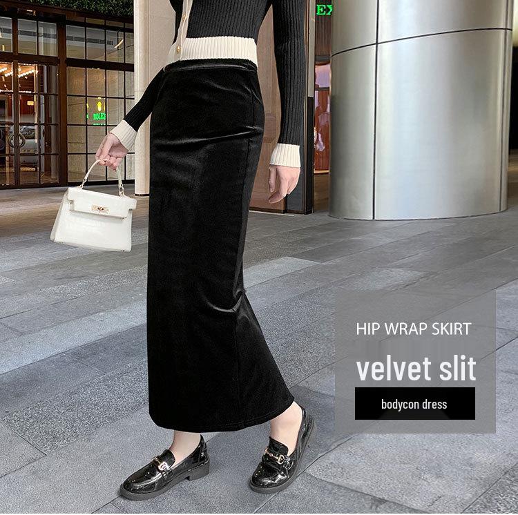 2025 Stylish Gold Velvet High-Waist Midi Skirt for Women - Black, Autumn/Winter, Sexy Long Slit
