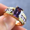 Fashion Exquisite Rectangle Cut Purple Stone CZ Ring Yellow Gold Color Engagement Princess Love Ring Wedding Band Ring Valentine's Day Gift