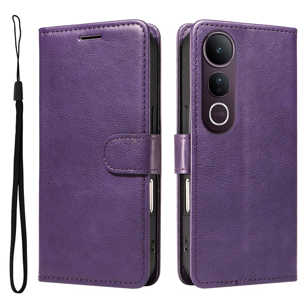 For Vivo V50 Lite 5G Leather Wallet Case with Strap Solid Color Phone Stand Cover