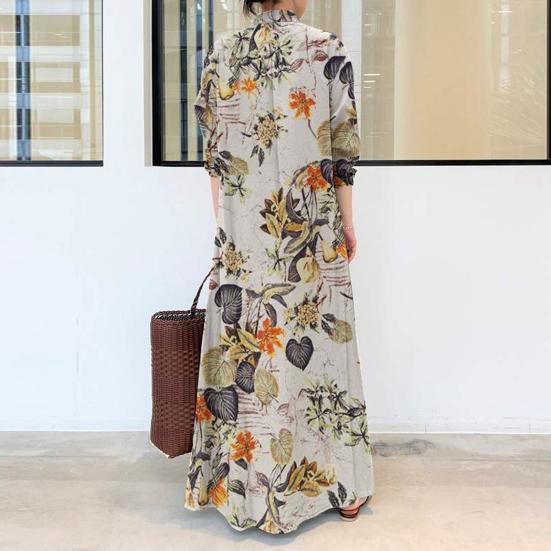 Dress Loose Colorful Flower Print Ankle Length Long Sleeve Pockets A-line Lapel Single-breasted Soft Breathable Maxi Dress
