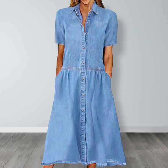 Women Dress Elegent Beauty Lady Dress Collar Splicing Summer Midi Long Lady Pocket Button Denim Loose Lapel Dress