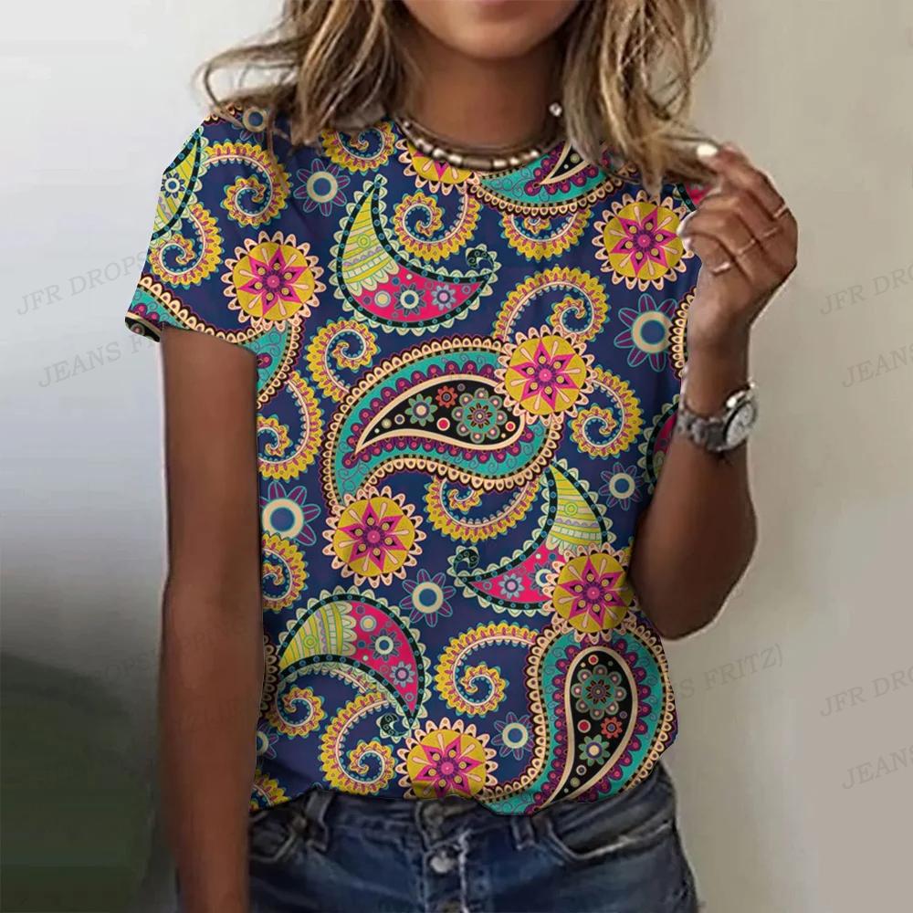 Retro Style 3D Printed T-shirts with Fashionable Round Neck Short Sleeved Top Featuring Ethnic Patterns Women's T-shirts