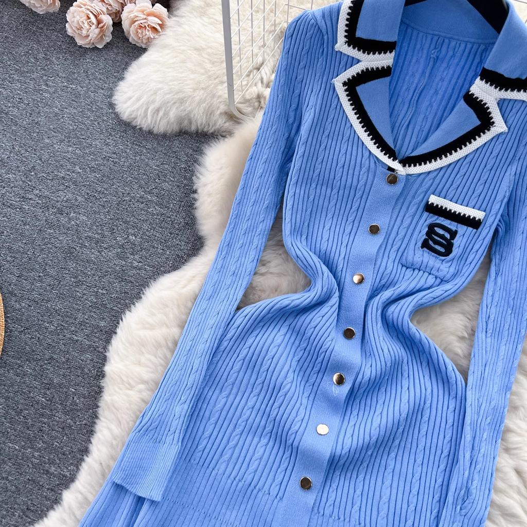 Fashion Autumn Winter Long Sleeve Knitted Maxi Dress Women Elegant Embroidery Pockets Long Sweater Dress Vestidos