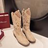 New Popular Hollow Embroidered Vintage Western Boots Women Autumn Chunky Heels Knee High Cowboy Boots Woman Leather Knight Boots