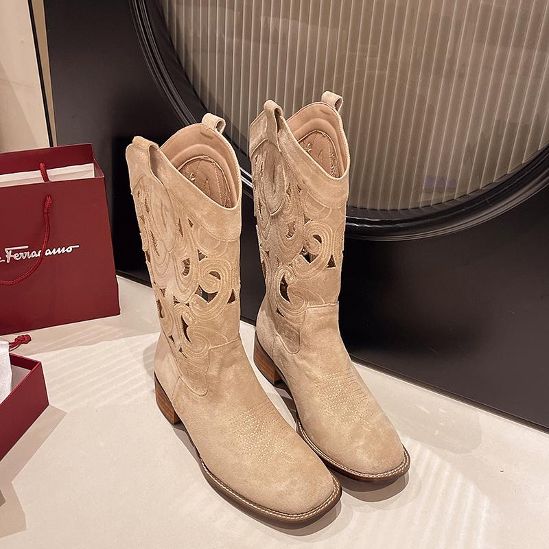 New Popular Hollow Embroidered Vintage Western Boots Women Autumn Chunky Heels Knee High Cowboy Boots Woman Leather Knight Boots