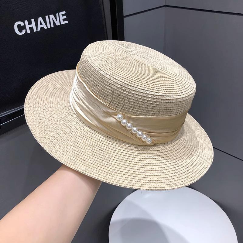 Pearl Top Hat Children Summer Beach Flat Top Straw Hat Seaside Sunshade Sunscreen Hat UV Protection Sun Hat