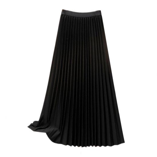 Women Maxi Skirt Elastic High Waist Pleated Skirt Solid Color Smooth Satin A-Line Skirt Work Leisure Wear