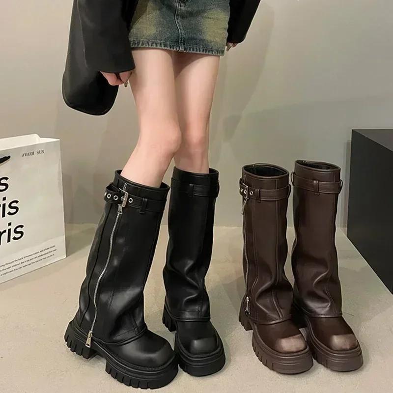 Winter Women Biker Boots Belt Buckle Ladies Elegant Platform Long Pipe Booties Casual Women's Knee High Booties