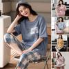 Lounge Sleepwear O-Neck Sleeping Breathable Girls Summer Cartoon Print T-shirt Crop Pants Set Daily Wear