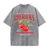 Women Cotton Washed T-Shirts Fashion Loose O-Neck Tops Hand Picked Cherries Printing Short Sleeve Summer Street Female Clothes
