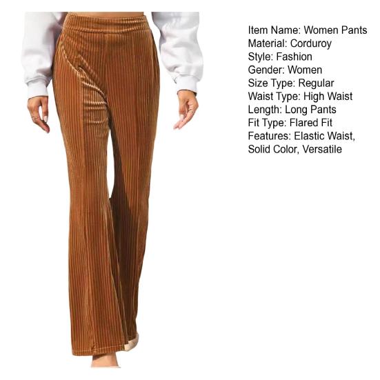 Women Corduroy Pants Elastic High Waist Flared Leg Long Trousers Solid Color Autumn Winter Casual Pants Daily Wear