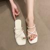 Foreign Trade Large Size Flat Bottom Cool Slippers Women's 2025 Summer New Fashion Square Head Cover Toe Simple and Versatile Beach Slippers