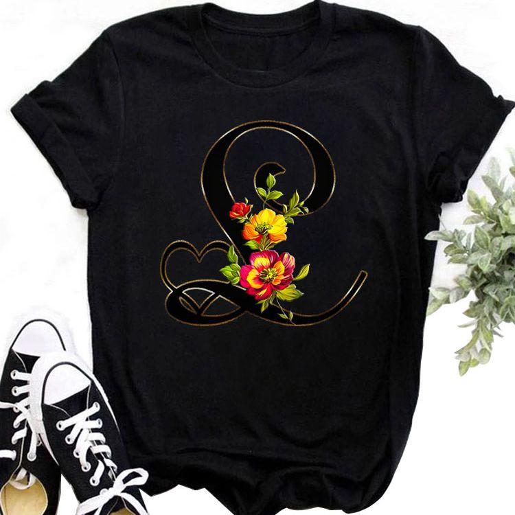 Custom Name Letter Combination Tops Fashion Women T-Shirt Rose Flower Heart Letter Font A B C D Short Sleeve Tees Black T-Shirt